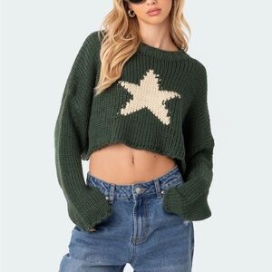 Edikted Green and Cream Star Crop Sweater